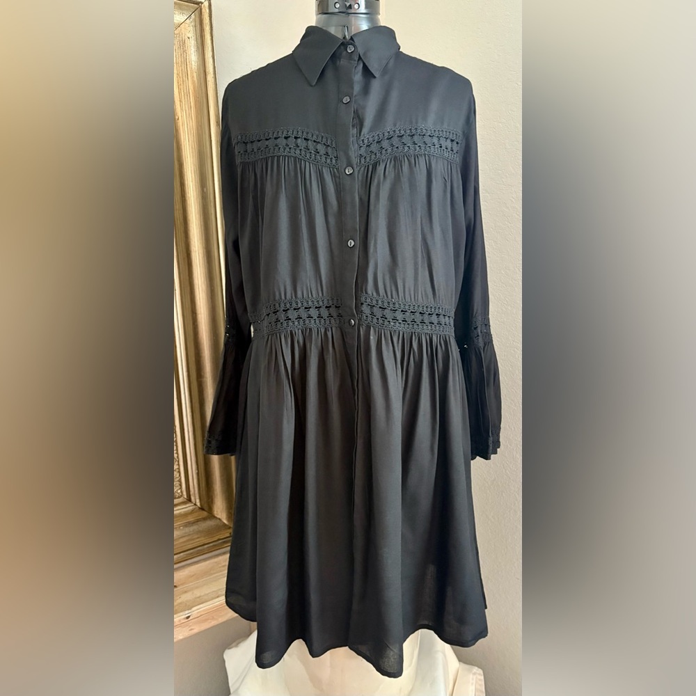 Sugar & Cream Black Boho Lace Trim Babydoll Dress Size L Flowy Cottagecore - Picture 3 of 9